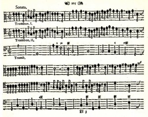 Daniel Speer - Sonate Nr. 1 für drei Posaunen 1697 (Faksimile Seite 1)